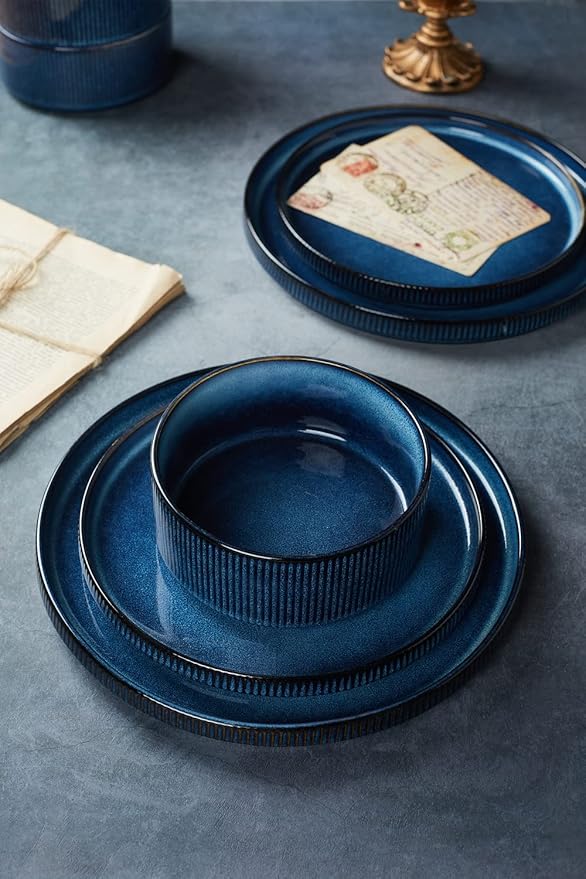 Famiware Dinnerware Set for 4 (12 Piece) and 4oz Dipping Bowl Set (6 Piece) - Star Stoneware Dishes - Nebulas Blue