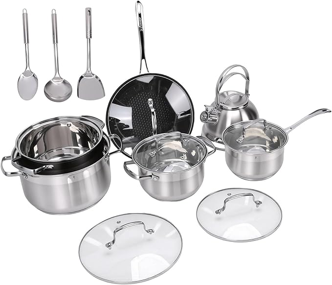 Stainless Steel Cookware Set 10 Piece Pots and Pans Kitchen Set with 3 Saucepans 1 Milk Pot 1 Frying Pan Kettle 2 Spoons Spatula 5 Lids