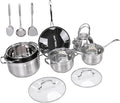 Stainless Steel Cookware Set Flat Bottom Pots and Pans Set Includes 3 Saucepans 1 Milk Pot 1 Frying Pan Water Kettle Induction Cooker for Kitchen Cooking