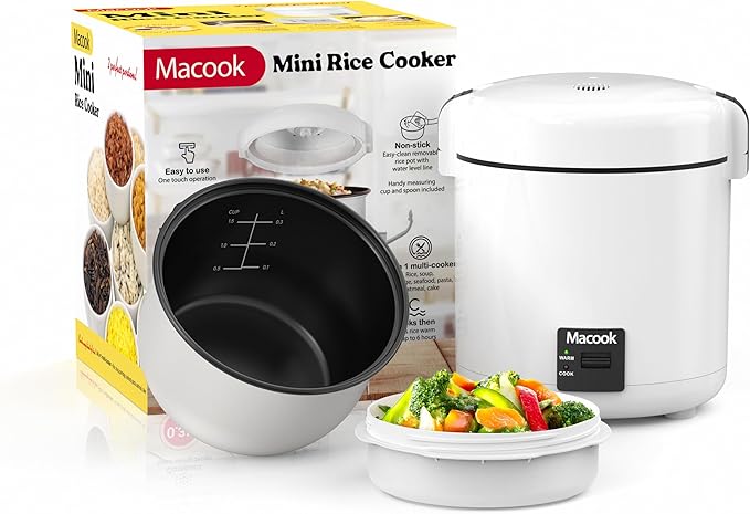 Mini Rice Cooker 1-1.5 Cups Uncooked(3 Cups Cooked) Rice Cooker Small with Bento Box Removable Nonstick Pot One Touch&ampKeep Warm Function Portable Cooker for Soup Grain Oatmeal Veggie Black