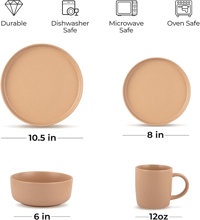 Zulay Kitchen Terra Stoneware Dinnerware Set Artisanal Ceramic Plates and Bowls Set Crafted at 2300℉ - Service for 4 Terracotta Clay