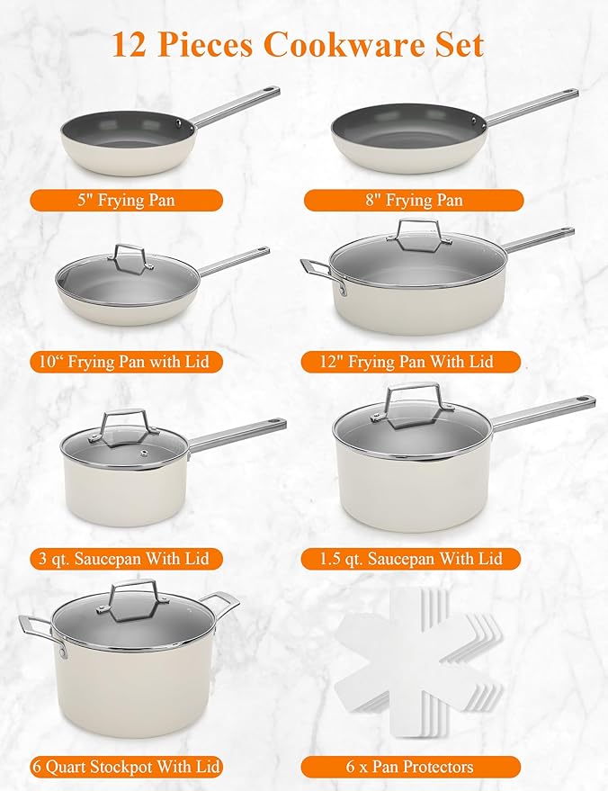 ChefRobot Nonstick Ceramic Cookware Set Healthy Pots And Pans Set Induction Kitchen Cookware sets Non Toxic Pots And Pan SetPFOA ＆ PTFE Free (12 Pcs-Cookware Sets)