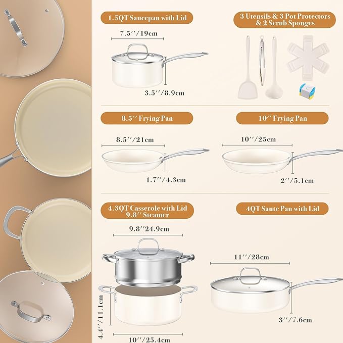 PekGema Ceramic Pots and Pans Set 16 Pcs Cookware Set Non Toxic Nonstick Kitchen Cookware Oven Safe Cooking Pan Set PFAS PTFE PFOA FREECompatible with All Cooktops comfortable handle.Cream White