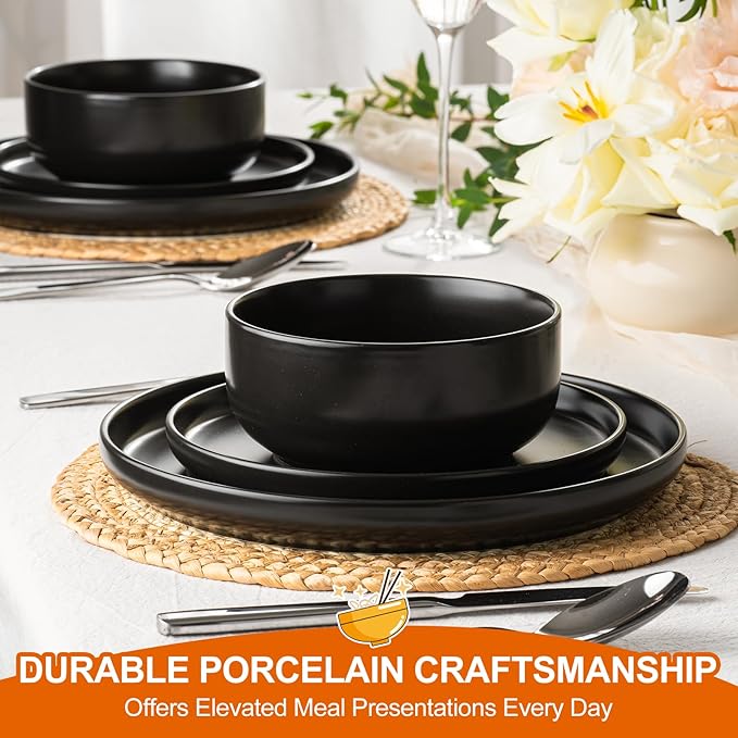 EWFEN Plates and Bowls Sets 12 Pieces Ceramic Dinnerware Set for 4 Stoneware Dishware Dishes Set Scratch Resistant Dishes Set Dishwasher &amp Microwave Safe Black