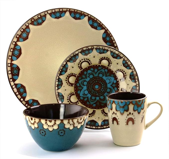 Round Stoneware Dinnerware Set - 16 Piece Tan &amp Blue Clay Heart Design Service for 4 Microwave &amp Dishwasher Safe