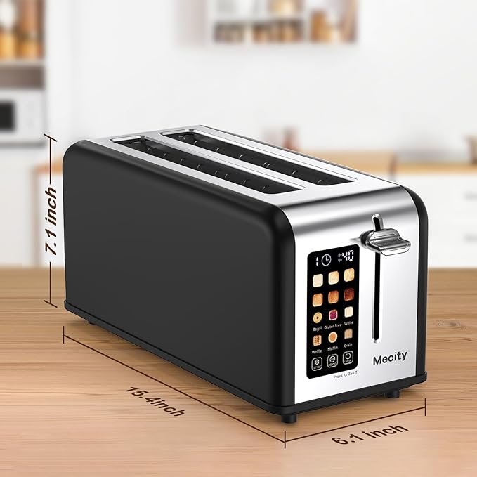 Mecity 4 Slice Toaster with Touchscreen Long Slot Stainless Steel Smart Bread Toaster for Bagel Muffin Waffle Gluten Free Breads Timer Defrost Reheat 120V 1400W
