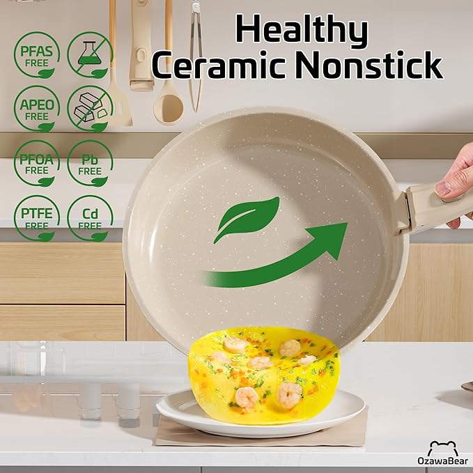 23 Pcs Pots and Pans Set Non Stick Ceramic Cookware Set Non Toxic with Detachable Handles Healthy Induction Cookware Oven Safe RV Kitchen Set PFAS PFOA &amp PTFE Free Taupe
