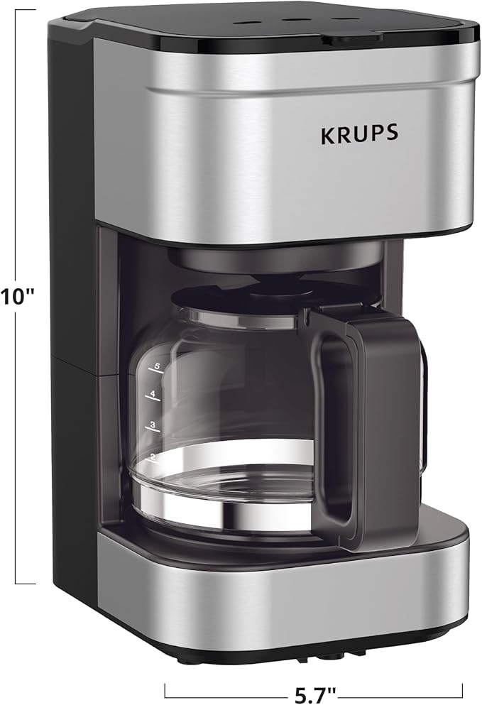 KRUPS Simply Brew Compact 5 Cup Coffee Maker: Stainless Steel Design Pause &amp Brew Keep Warm Reusable Filter Drip-Free Carafe