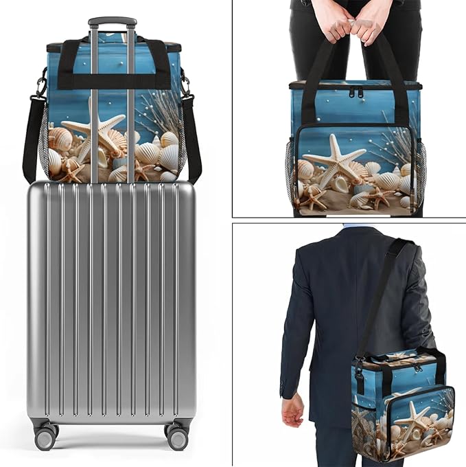 Beach Seashell Starfish Coffee Maker Travel Bag for Keurig K-Mini/K-Mini Plus Insulated Waterproof Tote with Pockets for K-Cup Portable Single-Serve Brewer Case