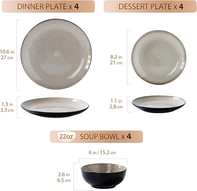 Plates and Bowls Sets for 4 - CJDC-QUELO 12-Piece Stoneware Dinnerware Sets Ceramic Dishware Set for Kitchen Use and Formal Dining Chip and Scratch Resistant Microwave Dishwasher Safe Brown