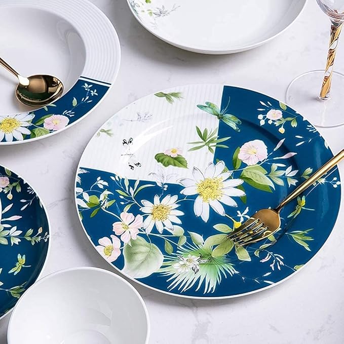 Ceramics Dinner Sets 46 Pieces Ceramics Dinner SetsBowl/Dish/Soup Pot/Spoon|Dinnerware Set Simple l Pattern Combination Tableware Set-Compatible with Gift Giving Banquet