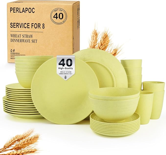 Wheat Straw Dinnerware Set 40-Piece Service for 8 Unbreakable Dishes Set Plates and Bowls Sets Drinking Glasses Microwave Safe Dish Set Lightweight Dinnerware Set for Home &amp Kitchen - Yellow