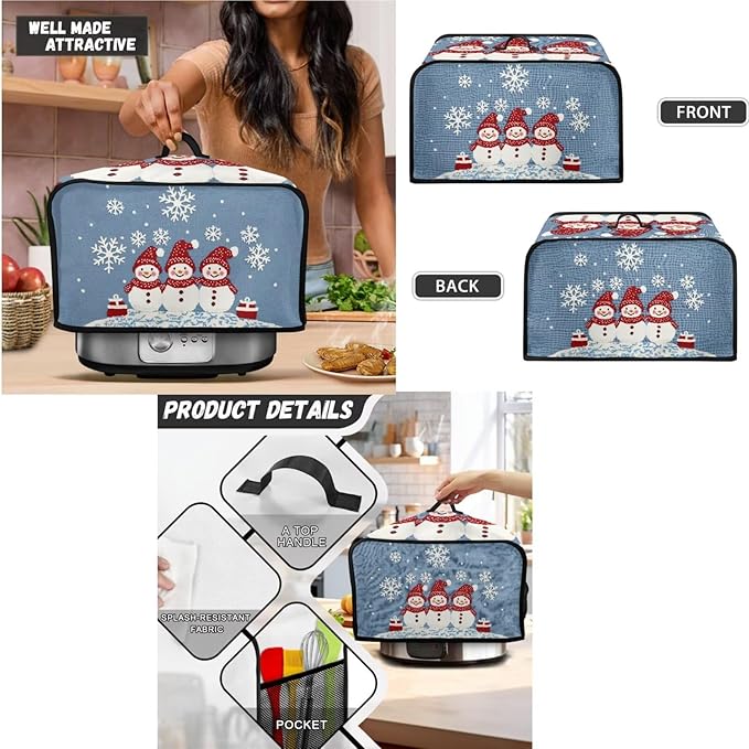 Christmas Themed Toaster Blender &amp Slow Cooker Covers - 4 Slice Wide Slot Washable Dust Covers in Blue for Merry Xmas Decor