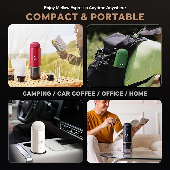Portable Espresso Machine with 3-4 Min Self-heating 12V Rechargeable Electric Coffee Machine 19 Bar Compatible with NS Capsules and Ground Coffee for Car Camping Travelling