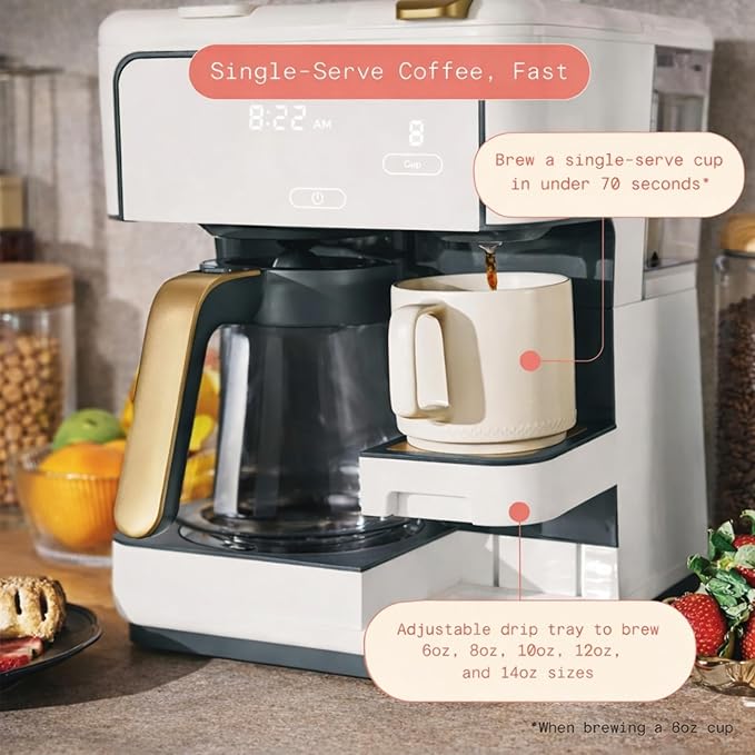 Multi Brew Coffee Maker with Single Serve and Carafe Brewing Options for Countertop Home Use (White Icing)