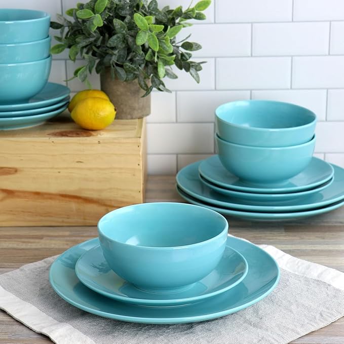 18 Piece Porcelain Dinnerware Set – Service for 6 Microwave &amp Dishwasher Safe Plates and Bowls – Elegant Multicolor Tableware in White Dark Blue Mint Green and Blue (Blue)