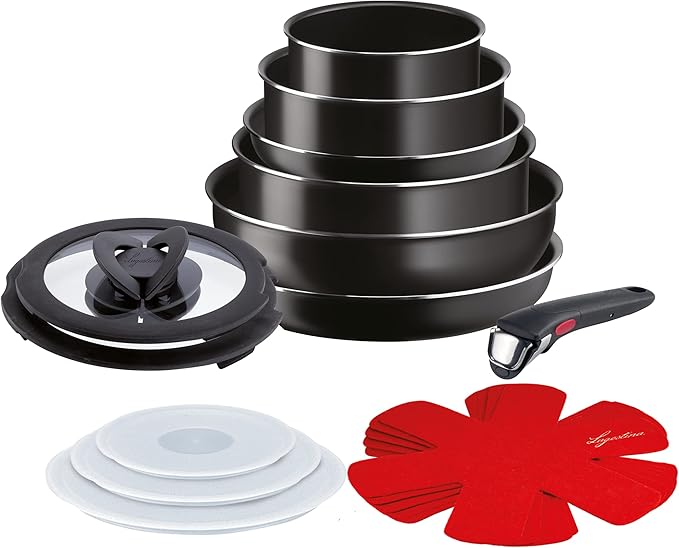 Lagostina Ingenio Essential Plus Cookware Set Aluminium for Gas and Oven 17 Pieces 2 Deep Casseroles 2 Frying Pans Wok 5 Lids 5 Pan Protectors and Removable Handle