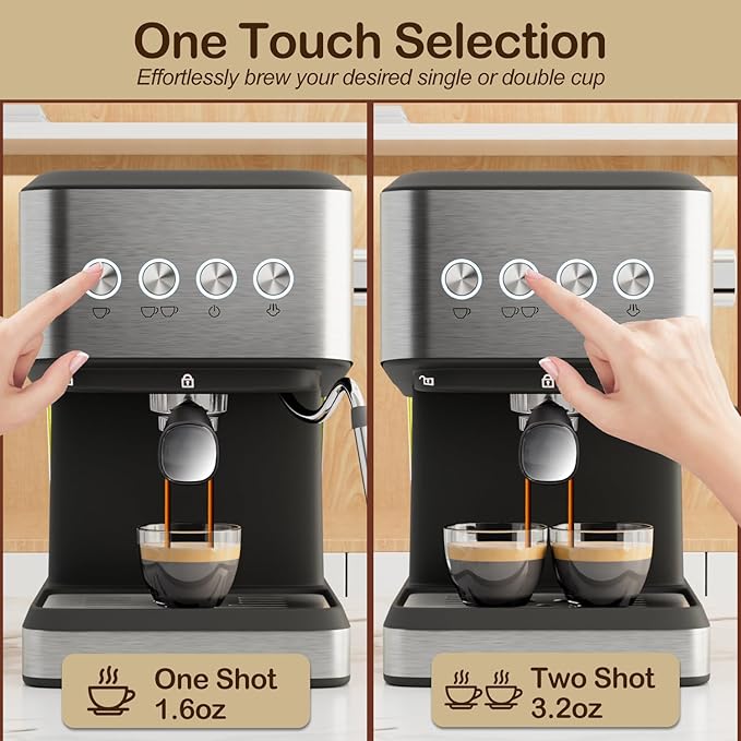 Espresso Machine with Milk Frother 20 Bar Espresso Maker for Cappuccino&ampLatte Compact Coffee Maker for Home&ampOffice 50oz Removable Water Tank Stainless Steel