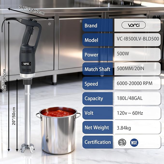 VONCI 500W Commercial Immersion Blender Handheld 20 304 Removable Shaft Heavy Duty Stick Blender with Variable Speed 6000-20000RPM Long Hand Mixer for Professional Kitchen Use.