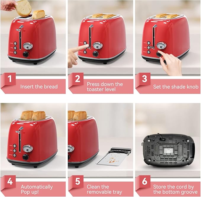 Toaster 2 sliceRetro Stainless Steel Toaster with 6 Settings 1.5 In Extra Wide Slots Bagel/Defrost/Cancel Function Removable Crumb Tray (Red)