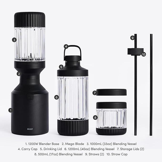 Beast Mega 1200 Plus | Premium Countertop Blender | Smoothies Shakes Sauces Dips Soups | Blends Ice and Frozen Fruit | XL Vessel | With Extra Vessels Straw System | 1200W | (Carbon Black 120V)
