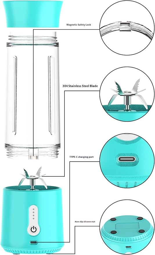 Portable Blender with USB Charging Personal Size Smoothie Maker 500ml Glass Cup 304 Stainless Steel Blades (red)