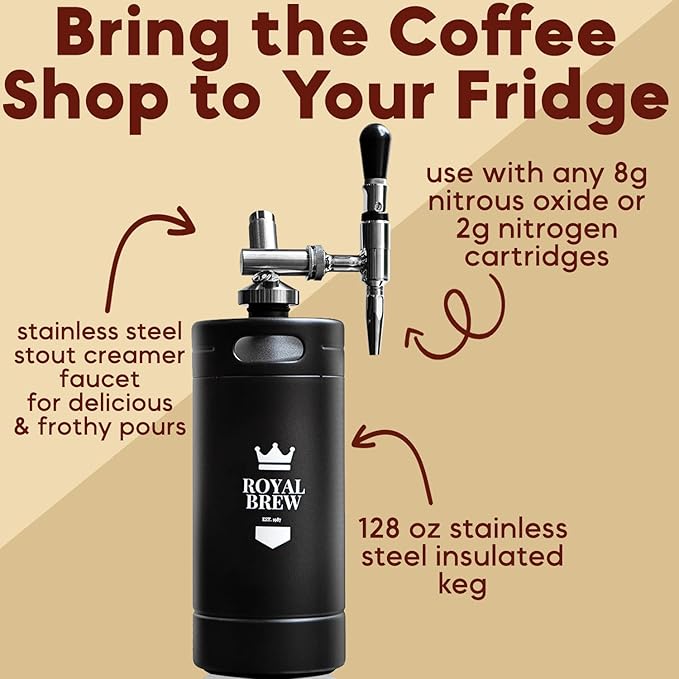 The Original Royal Brew Nitro Cold Brew Coffee Maker - Gift for Coffee Lovers -128 oz Extra Large Home Keg Nitrogen Gas System Coffee Dispenser Kit - Use Nitrogen or Nitrous Oxide