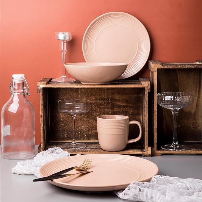RINGAR Round Stoneware 16pc Double Bowl Dinnerware Set for 4 Dinner Plates Side Plates Cereal Bowls Pasta Bowls - Speckle Matte Coral (407490)