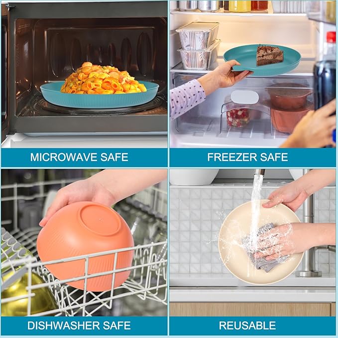 18pcs Wheat Straw Dinnerware Sets Unbreakable dish Set Reusable Plates Bowls and Cups Set dishes Dishwasher Microwave Safe for Kitchen Outdoor Travel Camping (Macron Color)