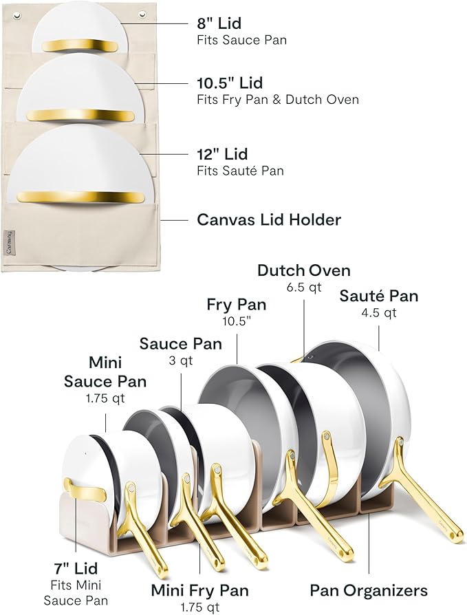 Caraway Deluxe Non-stick Ceramic Cookware Set (16 Piece) Pots Frying Pans Lids and Kitchen Storage - PFAS &amp PFOA Free - Oven Safe Pan Set &amp Compatible with All Stovetops - White