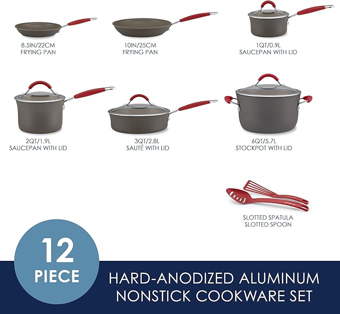 Rachael Ray - 87630 Rachael Ray Cucina Hard Anodized Nonstick Cookware Pots and Pans Set 12 Piece Gray with Red Handles