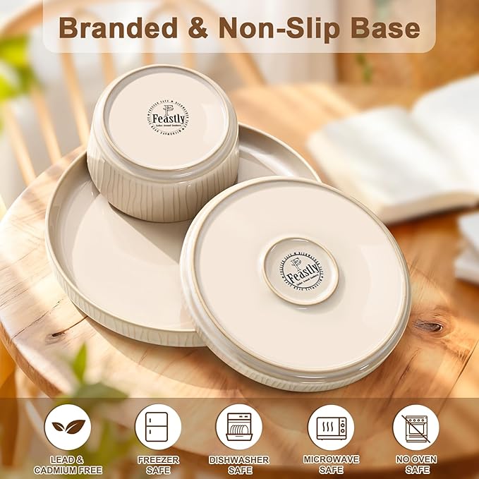 Stoneware Dinnerware Sets for 4 12 Pcs Ribbed Reactive Glaze Ceramic Plates and Bowls Sets Chip Resistant Microwave Dishwasher Safe Dish Set Housewarming Gifts Cappuccino White