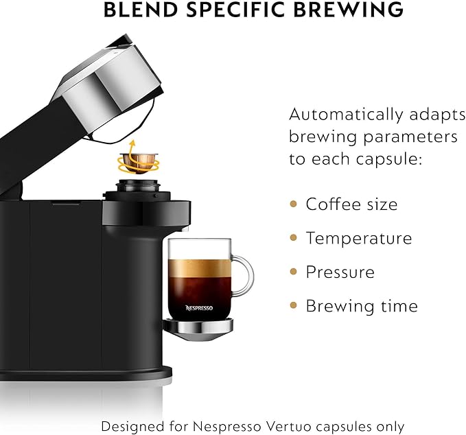 Nespresso Vertuo Next Deluxe Coffee and Espresso Machine NEW by De'Longhi Pure Chrome Single Serve Coffee &amp Espresso Maker One Touch to Brew (Renewed)