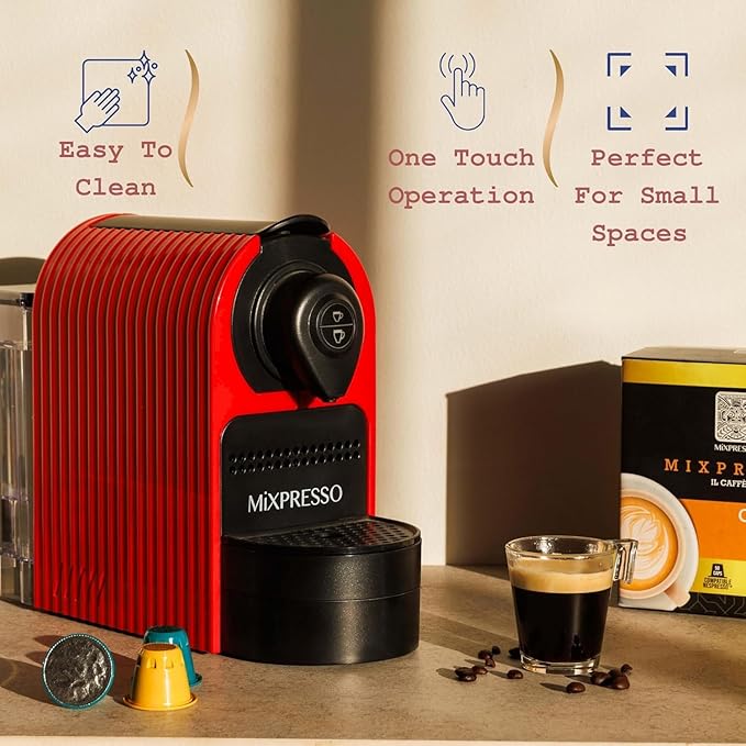 Mixpresso Red Espresso Coffee Machine – Compact 1400W Single Serve Coffee Maker Compatible with Nespresso OriginalLine Capsules One-Touch Operation 19-Bar Italian Pump 27oz Water Tank