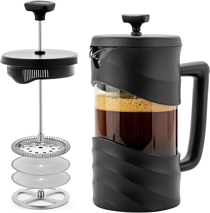 OVENTE French Press Coffee Maker 34 Ounce with Heat Resistant Borosilicate Glass &amp Stainless Steel 4-Level Filtration System Portable Cold Brew Coffee Maker for Travel Camping or Gift Black FPW