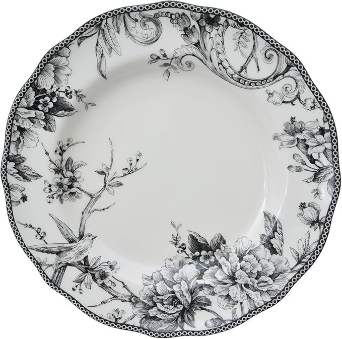 222 Fifth Adelaide 16-Piece Black Porcelain Dinnerware Set – Service for 4 Featuring Hand-Applied Romantic Woodland Bird Design Everyday Big Dinner Plates and Bowls Sets Microwave &amp Dishwasher