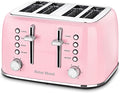 Roter Mond Toaster 4 Slice Retro Stainless Steel with Extra Wide Slots Bagel Defrost Reheat Function Dual Independent Control Panel Removable Crumb Tray 6 Browning Levels Pink