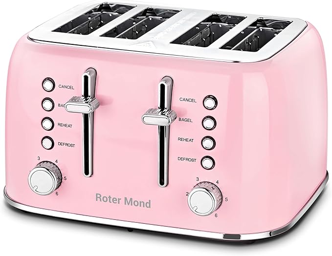 Roter Mond Toaster 4 Slice Retro Stainless Steel with Extra Wide Slots Bagel Defrost Reheat Function Dual Independent Control Panel Removable Crumb Tray 6 Browning Levels Pink