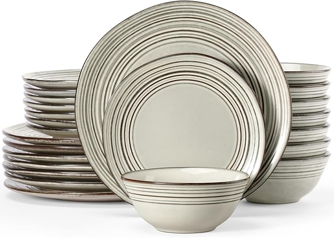Famiware Plates and Bowls Sets 24-Piece Stoneware Dinnerware Sets Dishes Set for 8 Hand-made Reactive Glaze Dish Set Twilight Series Terre-verte