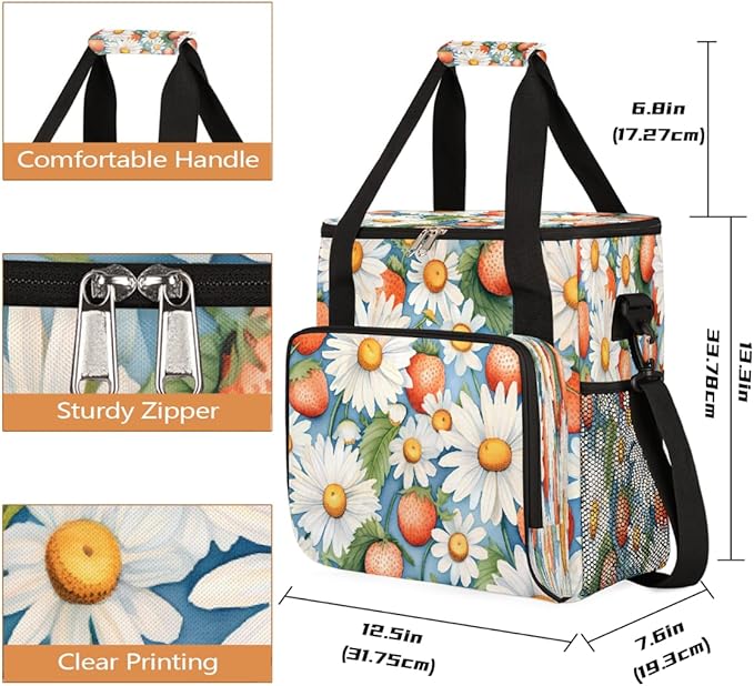 Strawberry Daisy Coffee Maker Carring Bag Travel Carrying Storage Tote Bag Compatible with Keurig K-Mini or K-Mini Plus Portable Single Serve Coffee Brewer Case with Pockets for K-cup Pods