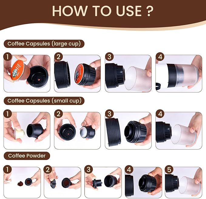 Electric Espresso Machine 3 In 1 Portable Coffee Maker for Travel 4-6 min Self-Heating Compatible with Ground Coffee &amp Large Capsules Small Capsules for Hiking Camping RV Office (Black)