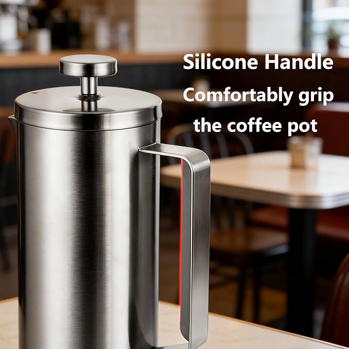 small French Press Coffee Maker 600ml Double-Wall Insulated French Press Coffee Press Stainless Steel for travel camping Silicone handle (2-4cup 20 OZ) silver