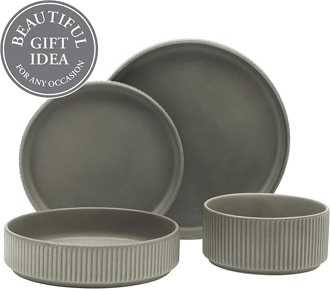 Gibson Elite Deerfield 16-Piece Stoneware Dinnerware Set – Soft Grey Reactive Glaze Stackable Plates and Bowls Service for 4 – Microwave &amp Dishwasher Safe
