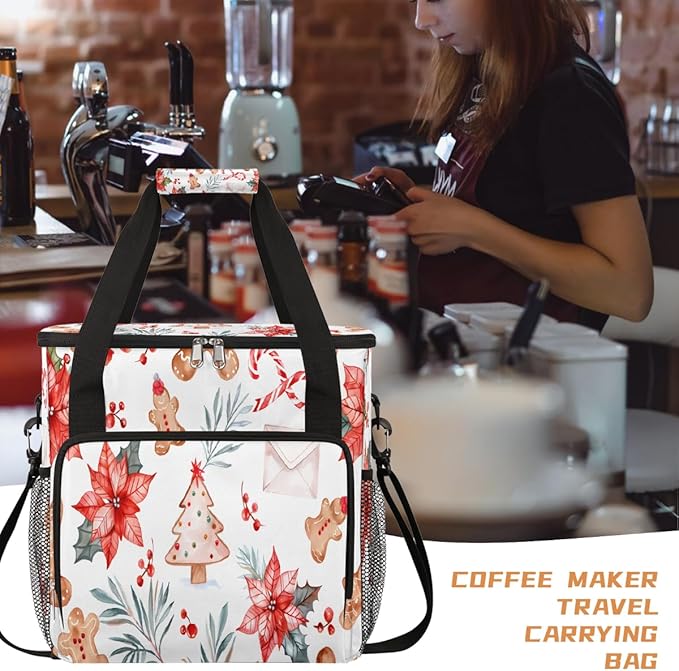 Christmas (720) Coffee Maker Carring Bag Travel Carrying Storage Tote Bag Compatible with Keurig K-Mini or K-Mini Plus Portable Single Serve Coffee Brewer Case with Pockets for K-cup Pods
