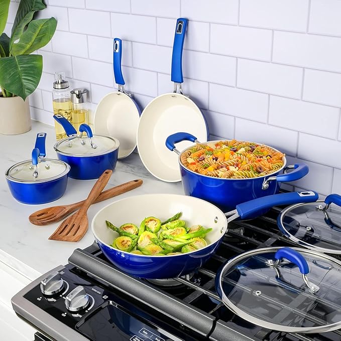 12-Piece Ceramic Nonstick Cookware Set – Aluminum Pots and Pans with Induction-Ready Base Healthy Non-Toxic Cooking Surface Oven Safe Metallic Red and Blue (Blue)