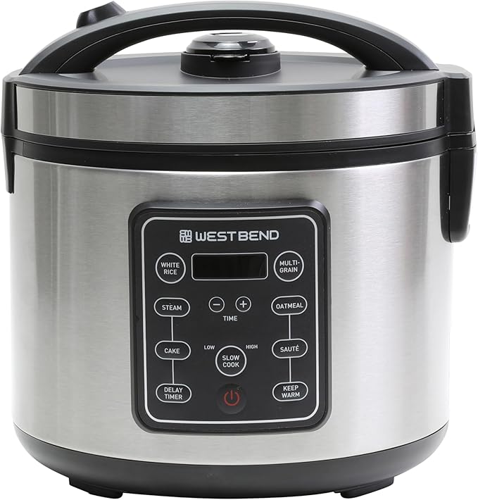 West Bend Rice &amp Grain Multi Cooker Programmable with 9 Preset Functions Features Delay Start and Keep Warm Functions and Steam Basket 20 Cups Cooked (10 cups uncooked) Stainless Steel