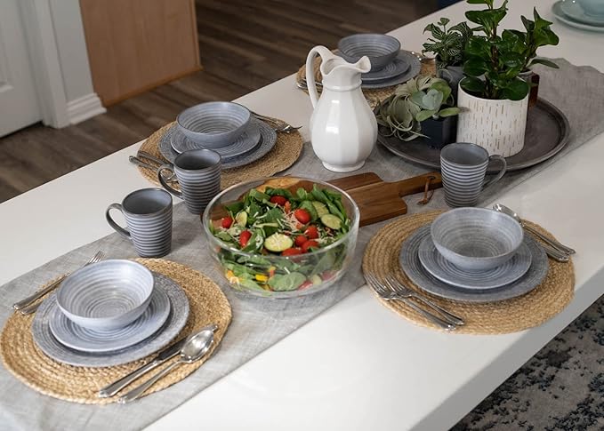 Elanze Designs Charming Chic Ribbed Modern Thrown Pottery Look Ceramic Stoneware Plate Platter Mug &amp Bowl Kitchen Dish Dinnerware 16 Piece Set - Service for 4 Slate Grey