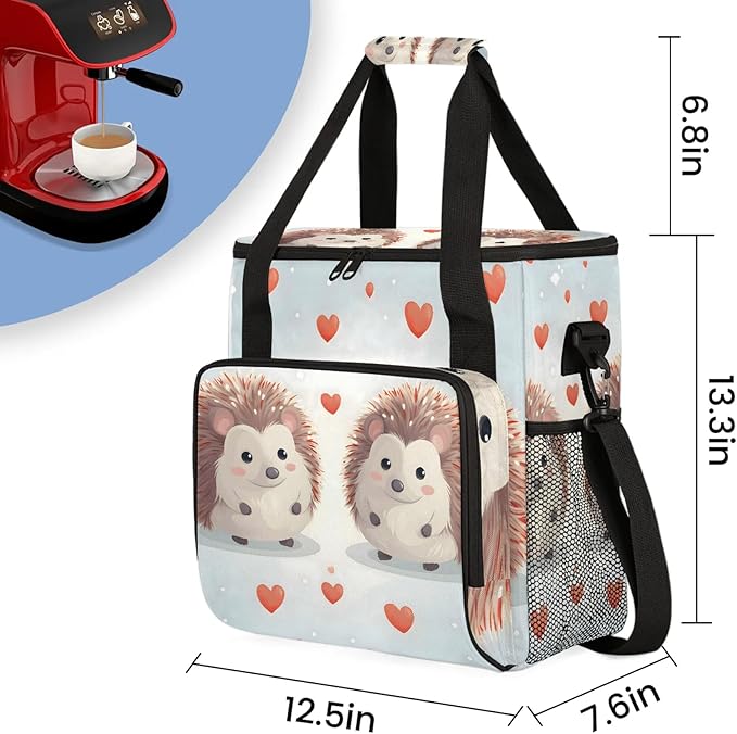 Cute Cartoon Hedgehog Coffee Maker Carring Bag Large Insulated Storage Organizer Case Tote Bags with Shoulder Strap for Travel Work Picnic