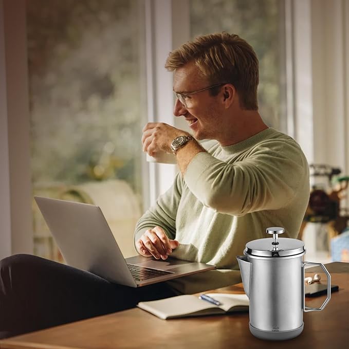 French Press Coffee Maker 1L Portable Stainless Steel Cold Brew Coffee Tea Pot with Foldable Handle for Camping Trips Home Brewing (Silver)