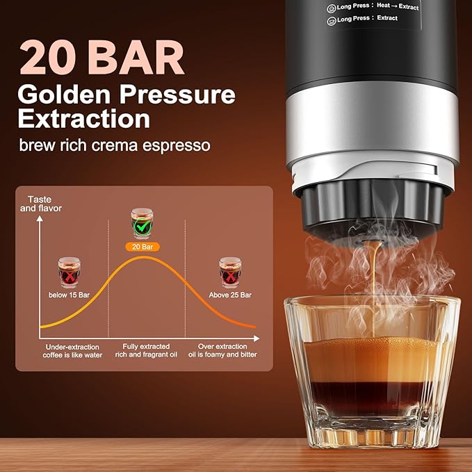 Portable Espresso Machine with Removeable Battery 20 bar Mini Travel Coffee maker Expresso Coffee Maker with USB-C3-in-1 Car Coffee Maker Self-Heating Ground Coffee &amp Capsule(Ns&ampDG)